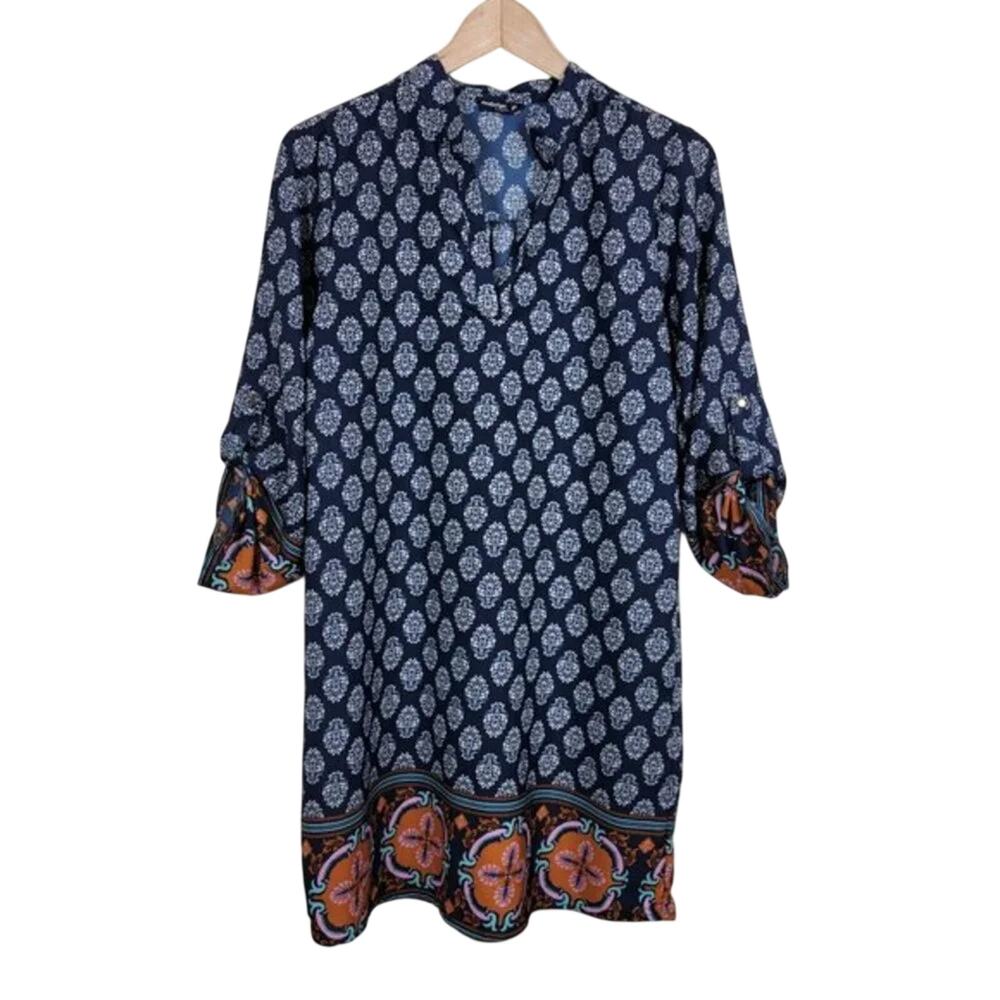 Indulge Style Floral Print Tunic Womens Size M Navy White Boho V Neck Roll Tab